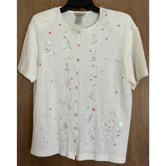 Vintage TEDDI Woman Short Sleeve Sweater Embroidered Angels Crystal Button Small - Picture 1 of 14